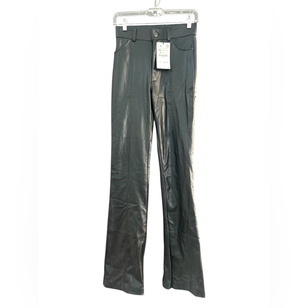 Zara Faux Leather Pants NWT Sz XS zipper fly stitch detail high rise black flare - Picture 2 of 9